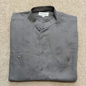 Vtg Yves Saint Laurent Shirt Mens Large Gray Band Collar Button Up Long Sleeve